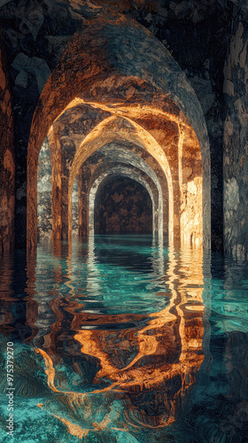 Ancient underground reservoir with stone arches reflecting in water, creating serene and mystical atmosphere. interplay of light and shadow enhances beauty of this historical site