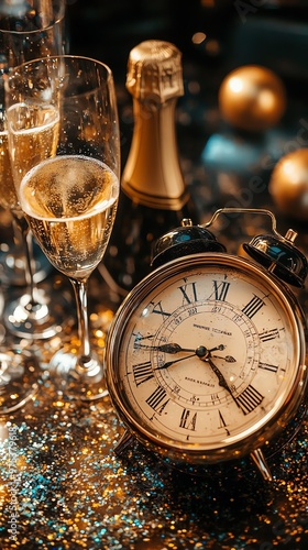 Close-up of champagne flutes, a bottle of champagne, and an alarm clock with Roman numerals on a table covered in glitter.