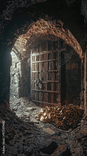 Ancient underground vault with massive stone doors, illuminated by soft light, revealing treasure of gold coins. atmosphere is mysterious and captivating, inviting exploration photo