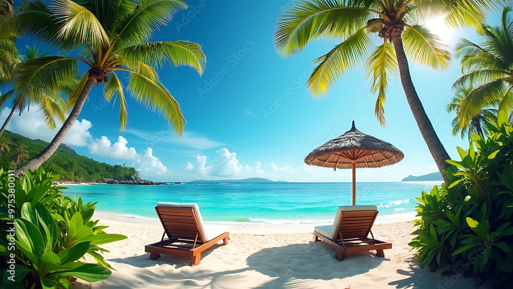 Fototapeta premium Two lounge chairs under a thatched umbrella, surrounded by palm trees on a beautiful beach with turquoise waters and a clear blue sky. Perfect for vacation, relaxation, and travel themes.