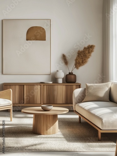 Modern living room with cozy sofa, home interior design with furniture and coffee table
