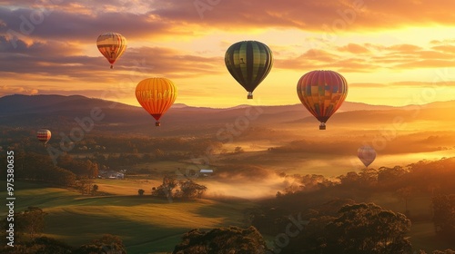 A magical travel destination featuring colorful hot air balloons rising above a lush, green valley at sunrise