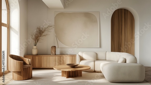 Modern living room with cozy sofa, home interior design with furniture and coffee table