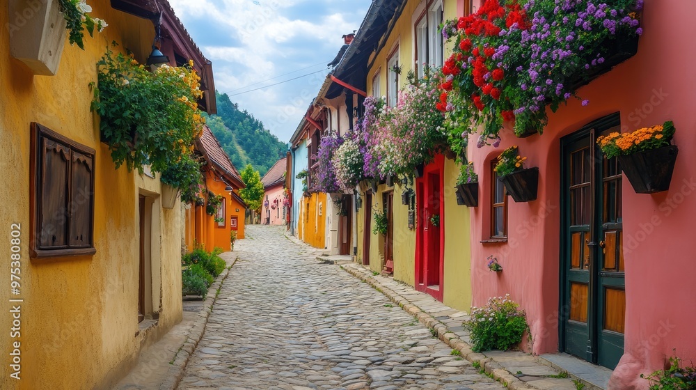Fototapeta premium Beautiful cobblestone streets with vibrant flower-covered houses, offering a charming travel destination full of history