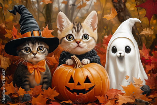  playful Halloween scene featuring various animals dressed in costumes