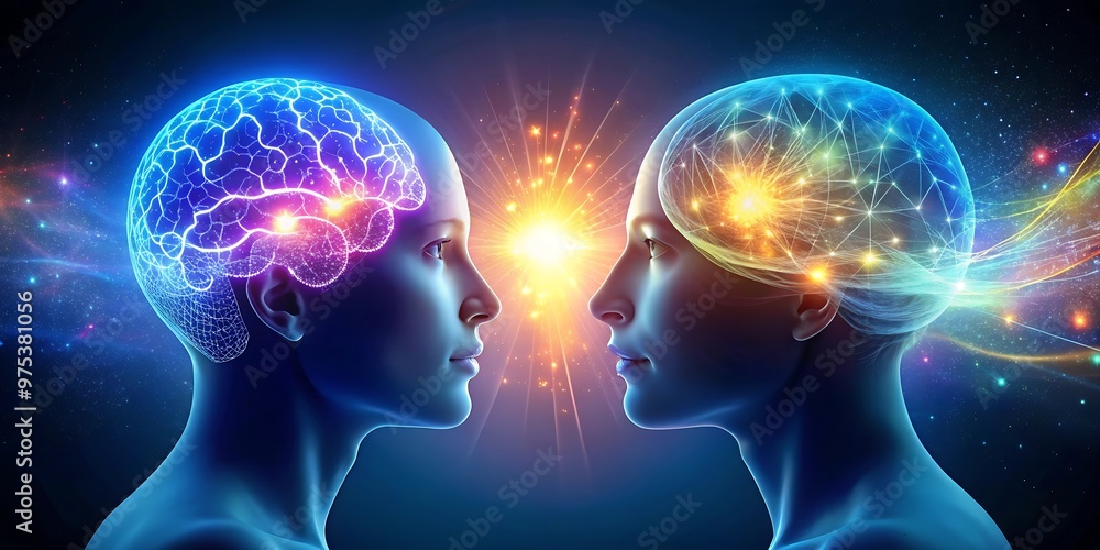 Obraz premium two human silhouettes facing each other with glowing