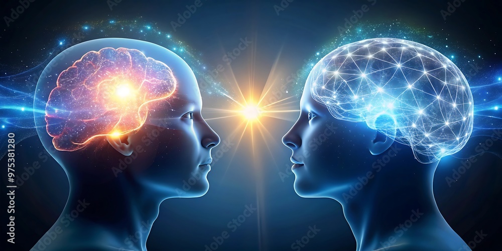 Obraz premium two human silhouettes facing each other with glowing