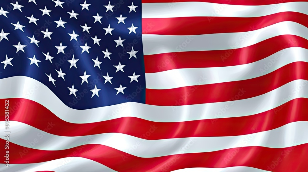 Fototapeta premium A close-up image of the American flag waving in the wind. The flag is red, white, and blue with 50 stars and 13 stripes.