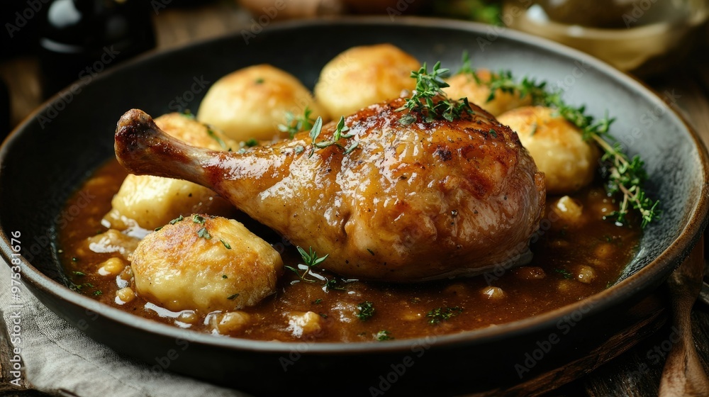 Baked duck leg with golden dumplings, served with rich gravy and garnished with fresh herbs on a rustic plate. The dish is warm and inviting.