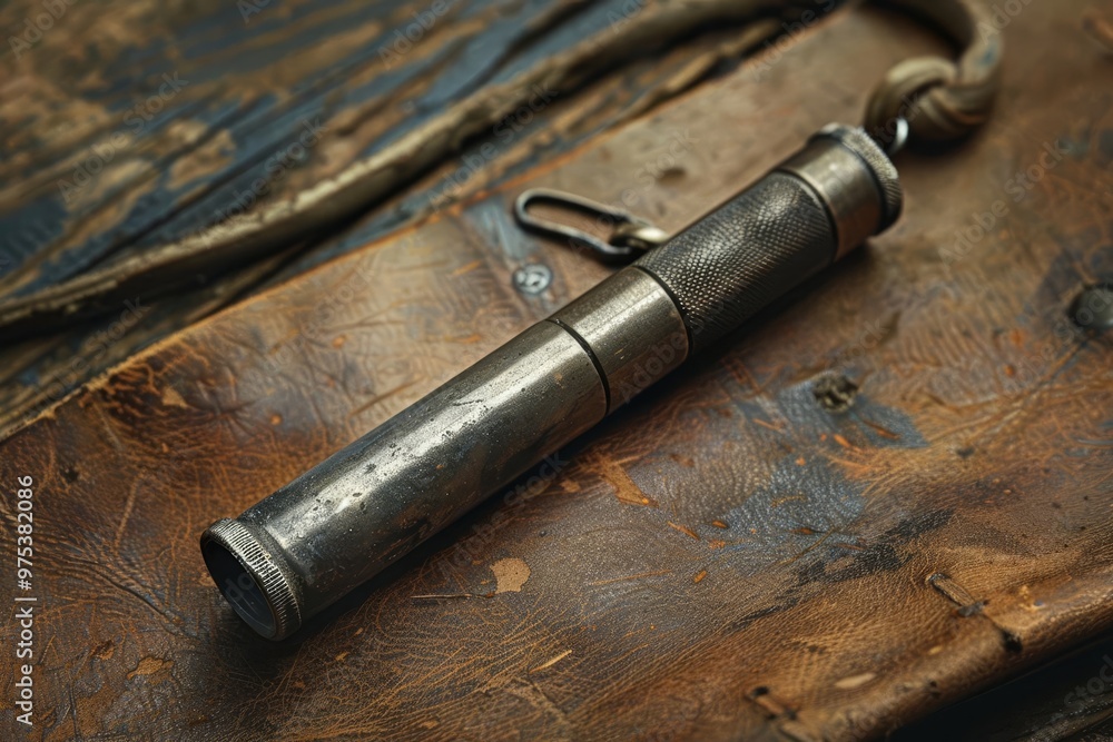 Obraz premium A simple, silver dog whistle lying on a piece of weathered leather