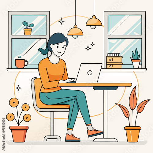 Female blogger working on a personal laptop in a chic caf� vector, ideal to illustrate the a blogging lifestyle, influencer, content creator and writer