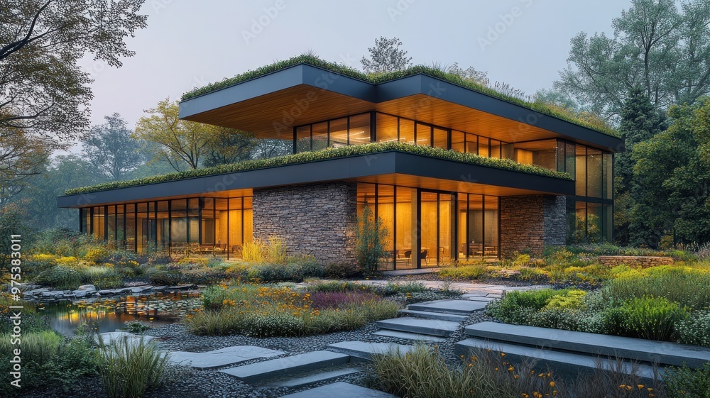 Modern architectural design with greenery and landscaped surroundings. Modern architectural design with greenery and landscaped surroundings.