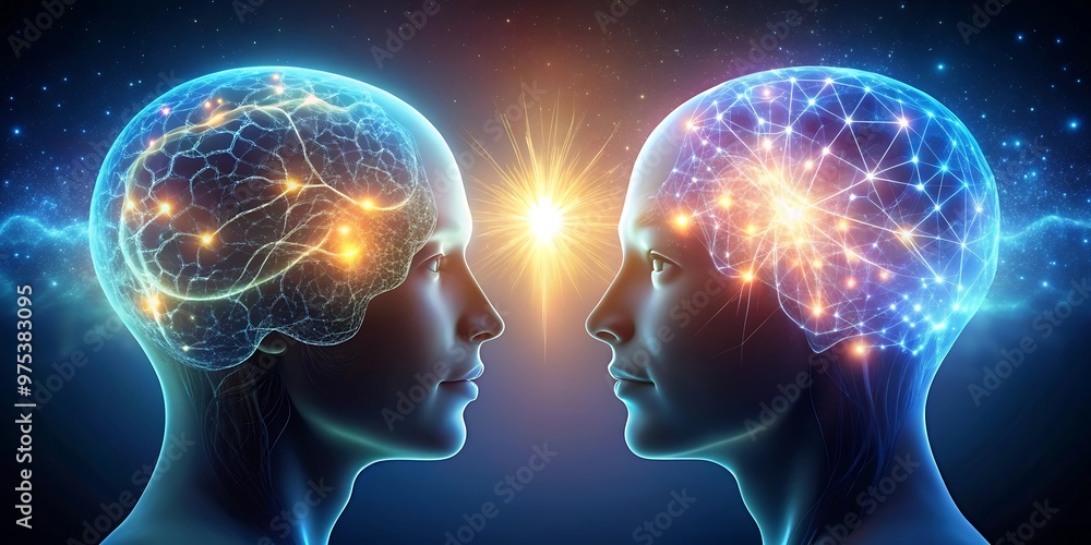 two human silhouettes facing each other with glowing two human silhouettes facing each other with glowing