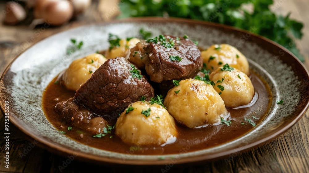 Boiled beef with golden dumplings and a rich, flavorful sauce, arranged on a rustic plate with fresh parsley for garnish. Boiled beef with golden dumplings and a rich, flavorful sauce, arranged on a rustic plate with fresh parsley for garnish.