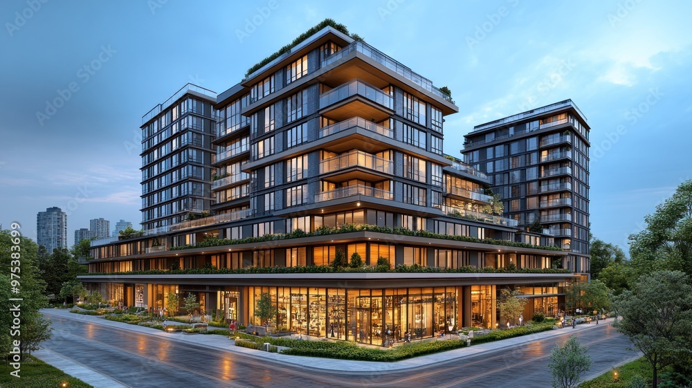 Modern multi-story building with glass facades and greenery. Modern multi-story building with glass facades and greenery.