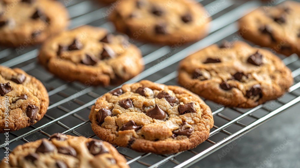 Freshly Baked Chocolate Chip Cookies on Cooling Rack Freshly Baked Chocolate Chip Cookies on Cooling Rack