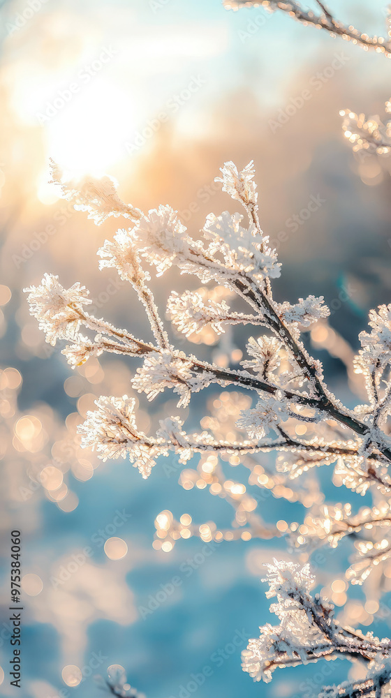 Naklejka premium Frost covered branches sparkle in sunlight, creating magical winter scene. delicate ice crystals glisten beautifully, enhancing serene atmosphere of snowy landscape