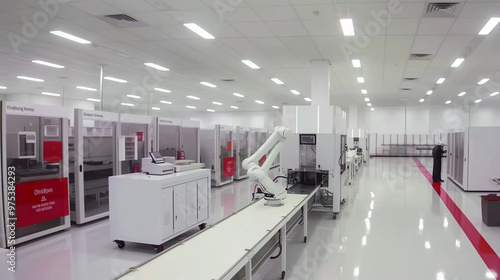 Advanced electric vehicle battery production line with robotic arms assembling lithium-ion cells. Futuristic factory interior featuring conveyor belts, technicians in clean room suits, high-tech machi photo