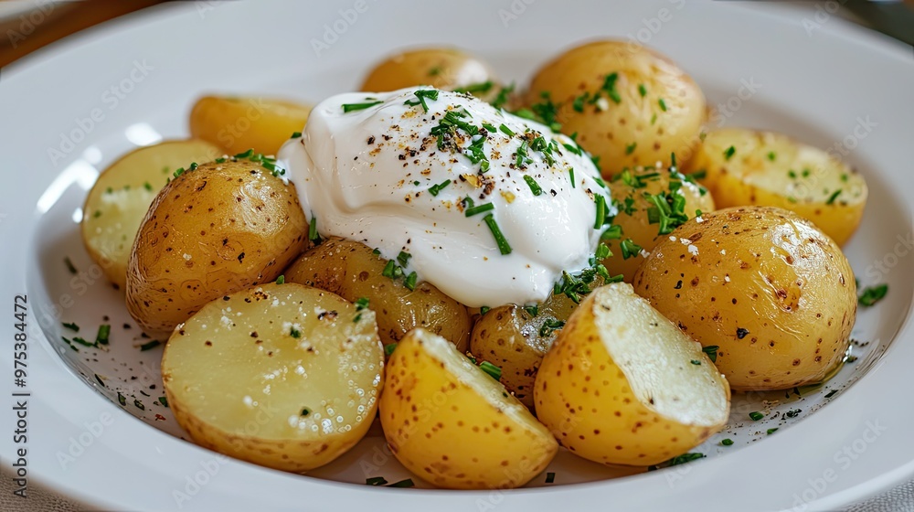 Boiled potatoes with a dollop of sour cream, sprinkled with fresh herbs, served on a white ceramic plate for a simple, delicious meal. Boiled potatoes with a dollop of sour cream, sprinkled with fresh herbs, served on a white ceramic plate for a simple, delicious meal.