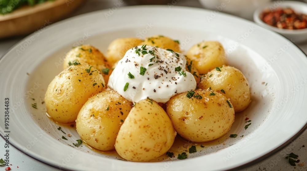 Boiled potatoes with a dollop of sour cream, sprinkled with fresh herbs, served on a white ceramic plate for a simple, delicious meal. Boiled potatoes with a dollop of sour cream, sprinkled with fresh herbs, served on a white ceramic plate for a simple, delicious meal.