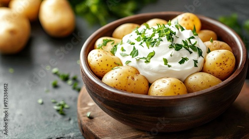 Boiled potatoes with sour cream, garnished with fresh herbs, served on a rustic wooden board. The textures and colors are warm and inviting.