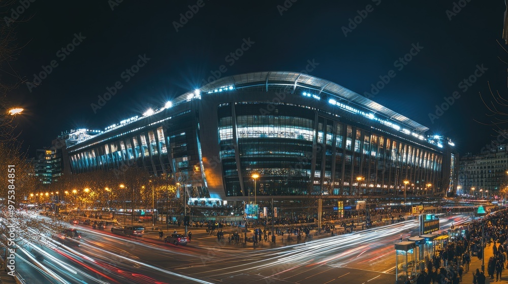 Fototapeta premium Broad angled shot of Santiago Bernabeu stadium with upper deck extension, highlighting its massive scale against a bustling Madrid evening.