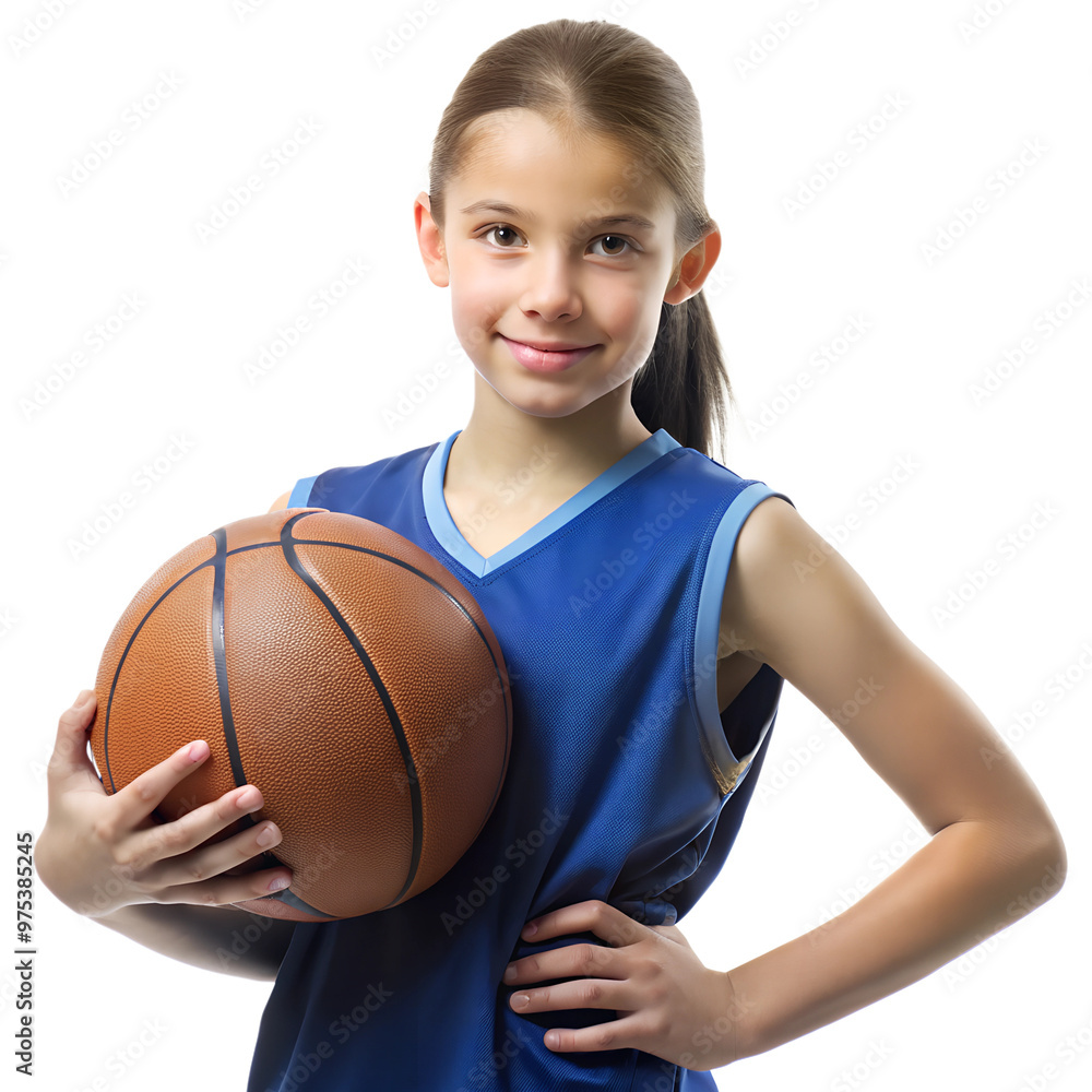 a girl in blue jersey with a basketball