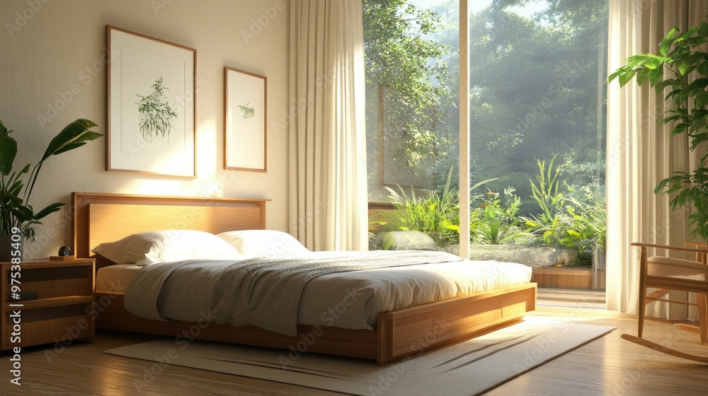 A cozy bedroom with a large window overlooking a lush green garden. The room is decorated in a minimalist style with wooden furniture and white linens. A cozy bedroom with a large window overlooking a lush green garden. The room is decorated in a minimalist style with wooden furniture and white linens.