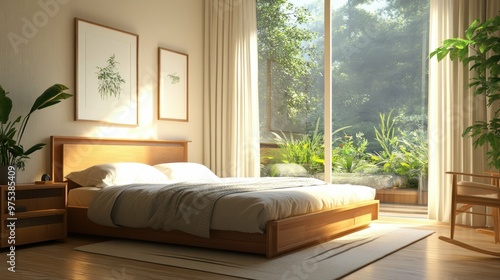 A cozy bedroom with a large window overlooking a lush green garden. The room is decorated in a minimalist style with wooden furniture and white linens.