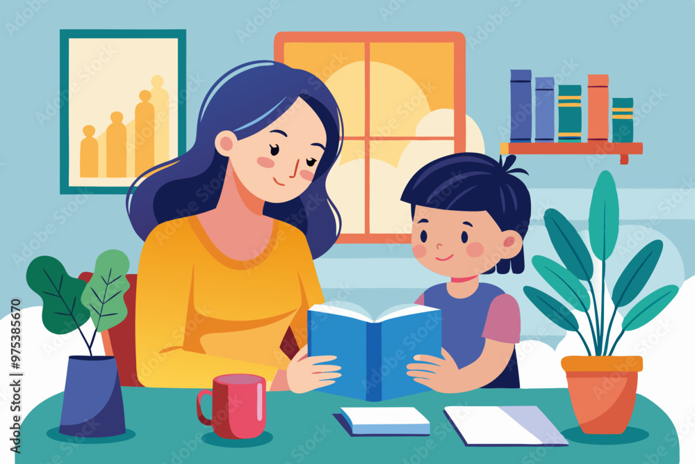 vector illustration of a mom/teacher reading books with child vector illustration of a mom/teacher reading books with child