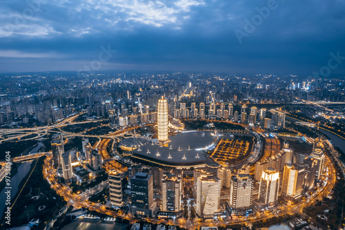 Aerial night view of the CBD skyline in Zhengdong New District, Zhengzhou, Henan Province, China photo