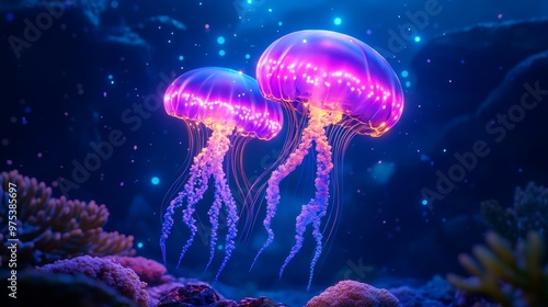 Bioluminescent Jellyfish in the Deep Blue Sea