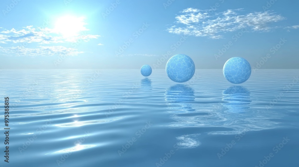 Serene Floating Spheres in Tranquil Blue Expanse Serene Floating Spheres in Tranquil Blue Expanse