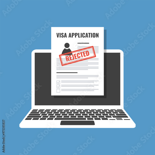 online visa application form with red rejected stamp, distant embassy visit, internet service for immigration or emigration