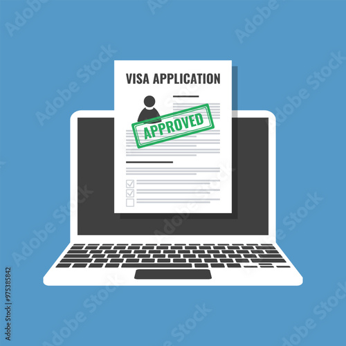 online visa application form with green approved stamp, distant embassy visit, internet service for immigration or emigration