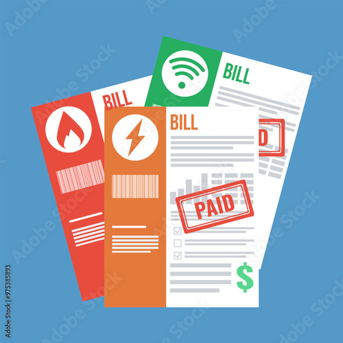utilities bill paper stack with paid stamp flat design vector illustration, increasing cost of living concept, paper invoice pictogram