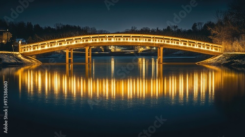 A bridge lit by soft yellow lights spanning a river at night, with the lights reflecting in the calm water below.