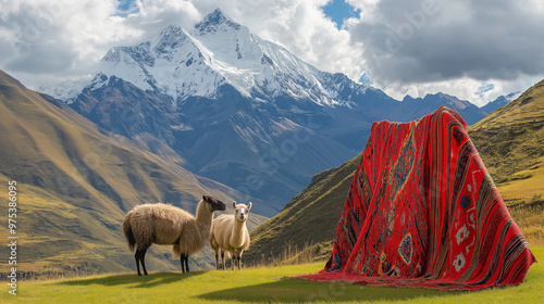 Andean Mountain Range, with llamas grazing and traditional woven fabrics in the foreground, with copy space, Latin America