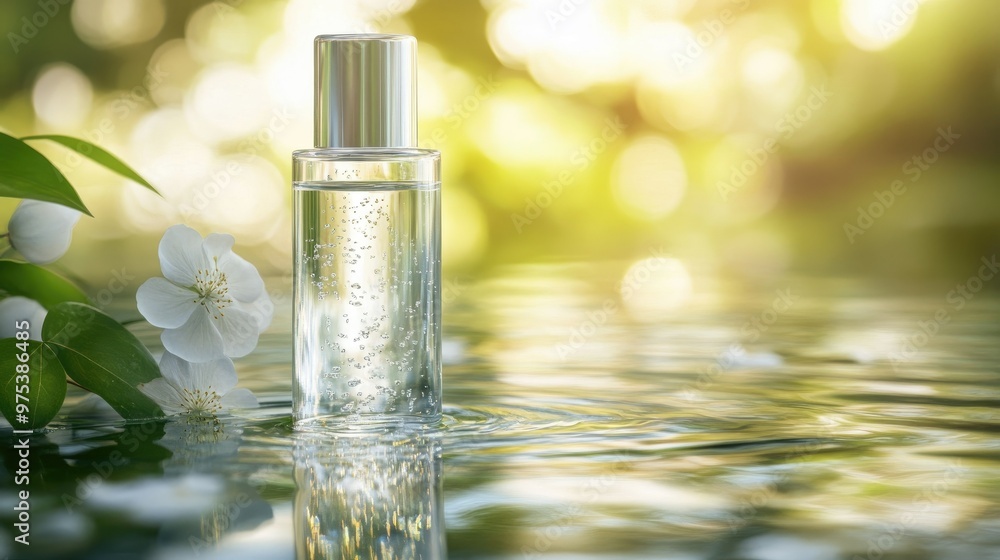 Clear cosmetic bottle in shallow water with soft, natural lighting and reflections. Skin hydration and nature are the themes. Hyaluronic acid formula. Clear cosmetic bottle in shallow water with soft, natural lighting and reflections. Skin hydration and nature are the themes. Hyaluronic acid formula.