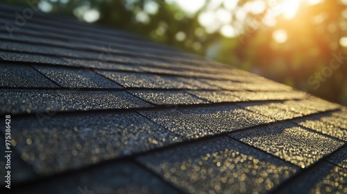 A close-up of a suburban home with an asphalt shingle roof, showing the detailed texture of the shingles under bright sunlight.
