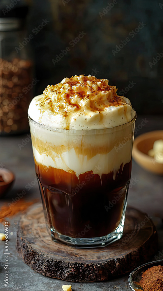 Creamy milk tea topped with thick layer of cream cheese foam, drizzled with caramel, served in glass. This delightful beverage is perfect for cozy moment Creamy milk tea topped with thick layer of cream cheese foam, drizzled with caramel, served in glass. This delightful beverage is perfect for cozy moment