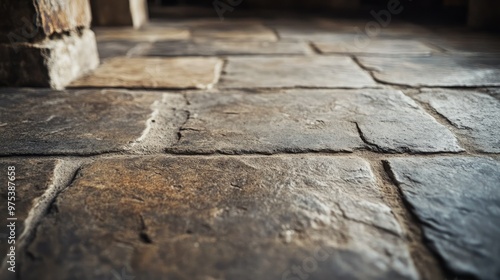 A close-up of textured stone flooring in a rustic home, showing the uneven surface and natural imperfections in each stone tile.