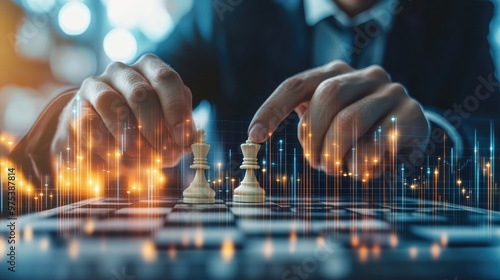 Business strategy concept with a businessman placing a chess piece on a board, set against a backdrop of rising financial charts.