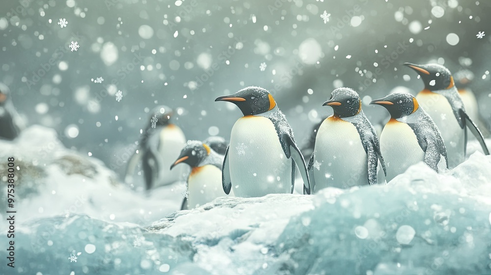 Obraz premium A colony of penguins huddled together on an icy Antarctic landscape, with snowflakes falling gently around them.