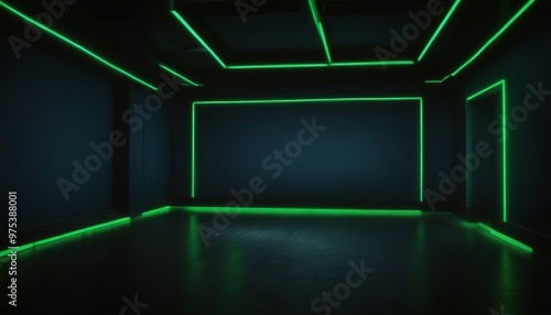 A dimly lit room with a dark color scheme, featuring a large rectangular wall with a green neon line running along the top and bottom, and a smaller rectangular wall with a