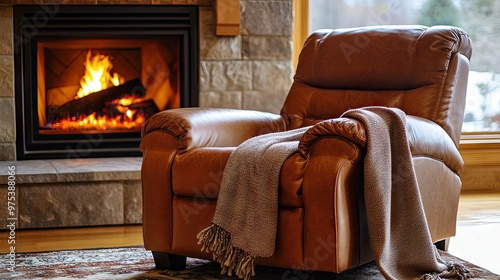 A comfortable leather recliner in front of a roaring fireplace, with a cozy blanket draped over the armrest.