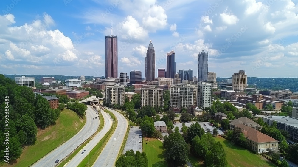 Stunning view of the downtown city skyline of Atlanta, Georgia, showcasing modern skyscrapers, vibrant city life, and clear blue skies, perfect for urban exploration and tourism promotion Stunning view of the downtown city skyline of Atlanta, Georgia, showcasing modern skyscrapers, vibrant city life, and clear blue skies, perfect for urban exploration and tourism promotion