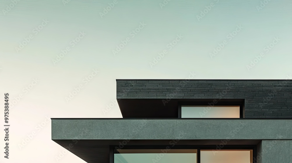 Fototapeta premium A contemporary house fragment with a gently sloped roof, showing sleek black tiles and minimalist design under a soft pastel sky.