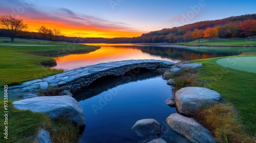 Serene Sunset over Stone Bridge and Lake