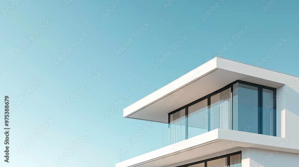 A corner view of a house with a flat, overhanging roof, large windows, and clean white walls, set against a serene, cloudless sky. A corner view of a house with a flat, overhanging roof, large windows, and clean white walls, set against a serene, cloudless sky.